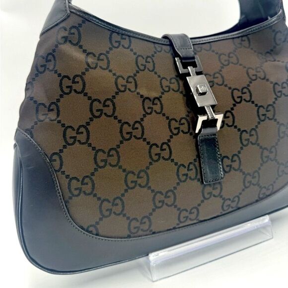 Auth Gucci Supreme Dark Brown Nylon Leather Trim Jackie Shoulder Bag Preloved Ex - Picture 3 of 16